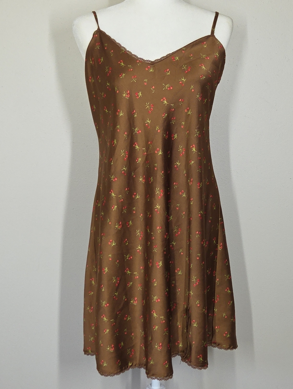 Wild Fable Brown Cherry Print Satin Mini Slip Dress Front Slit Fairy Grunge L